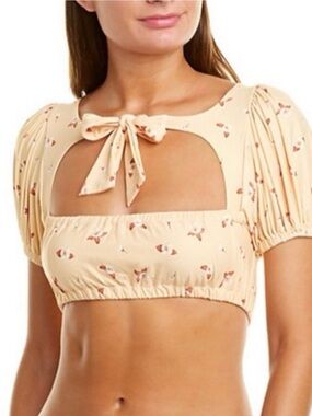 WeWoreWhat Cream Floral Tie-Front Crop Top with Pink Accents
